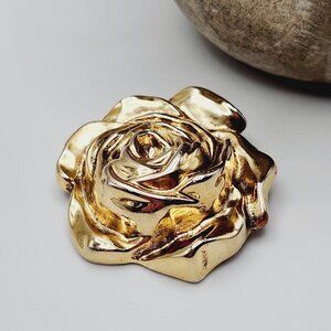 Denaive Paris Gold Tone 3D Rose Flower Large Designer Clip on Scarf Brooch Clip